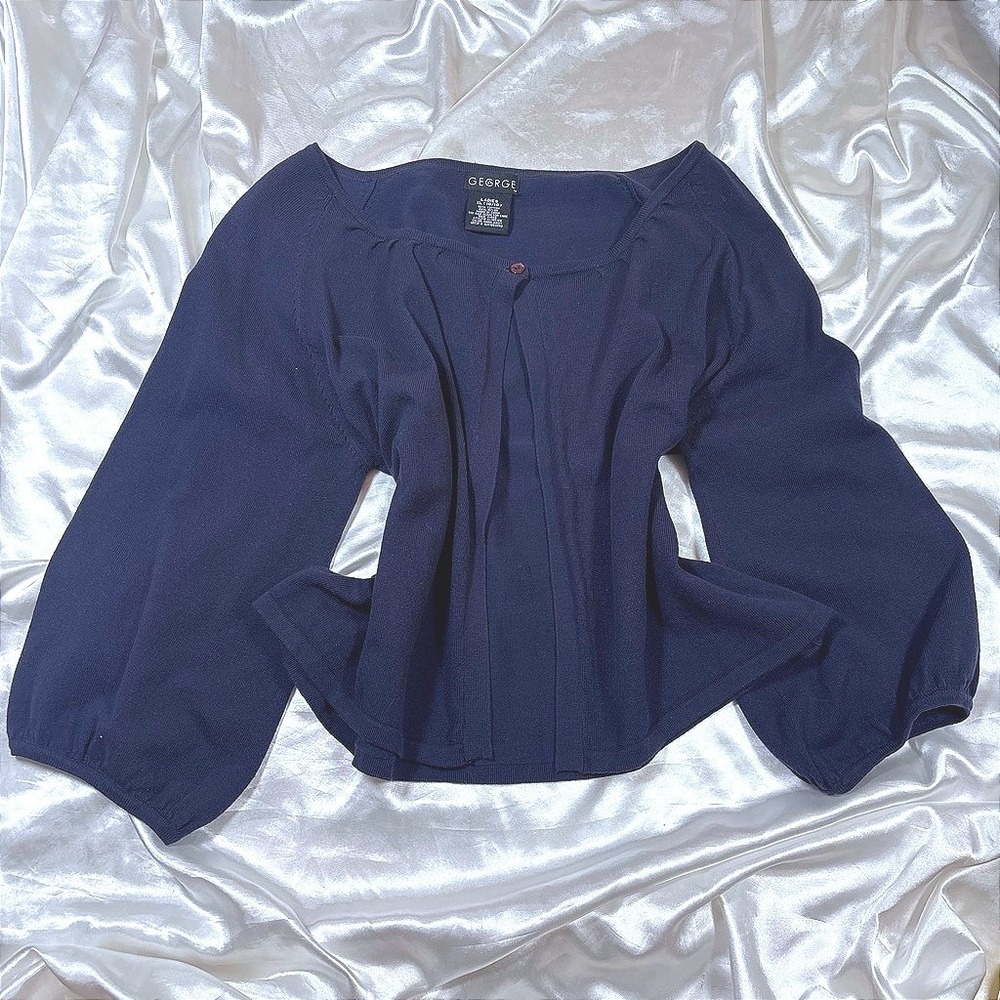 y2k Cardigan Sweater Navy Excellent Balloon Sleeve Single Button George GL185120